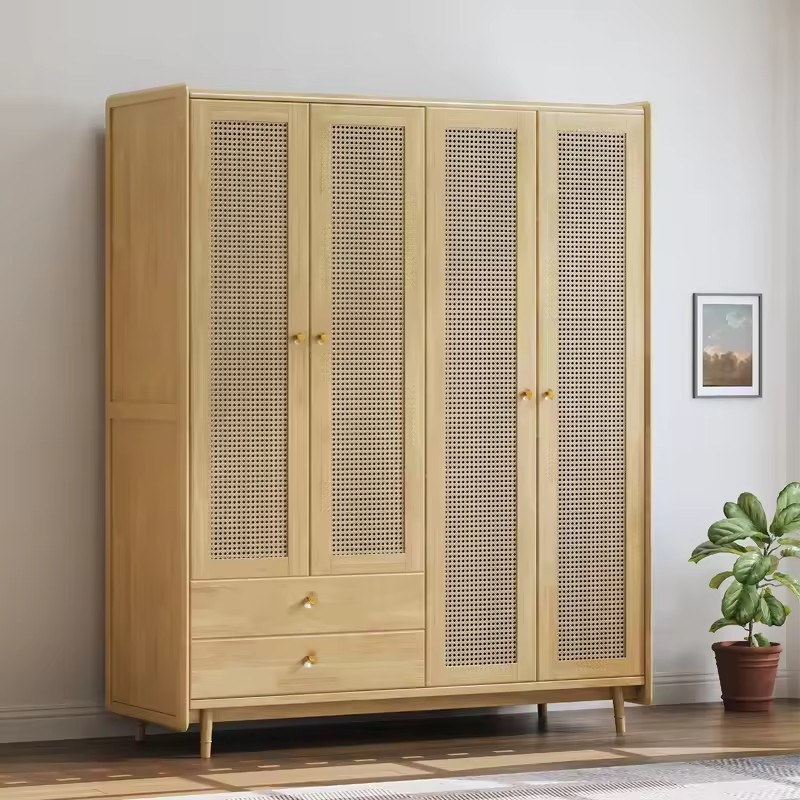 Simple Modern Nordic Solid Wood Wardrobe with Four Doors Rattan Japanese Bedroom Clothes Cabinet with 2 Drawers Large Wardrobe