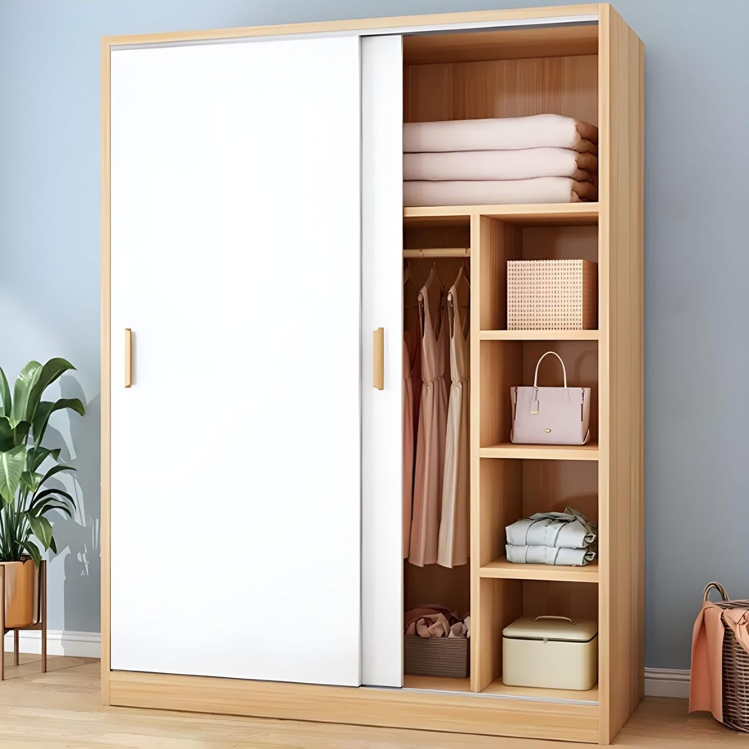 Plywood MDF Wood Portable Wardrobes 2 Doors Wardrobe Cabinet with Shelves Sliding Door Wardrobe for Bedroom