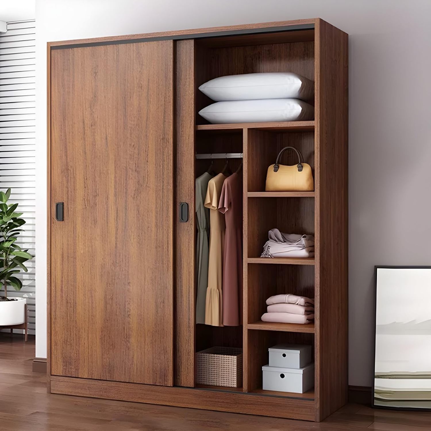 Plywood MDF Wood Portable Wardrobes 2 Doors Wardrobe Cabinet with Shelves Sliding Door Wardrobe for Bedroom