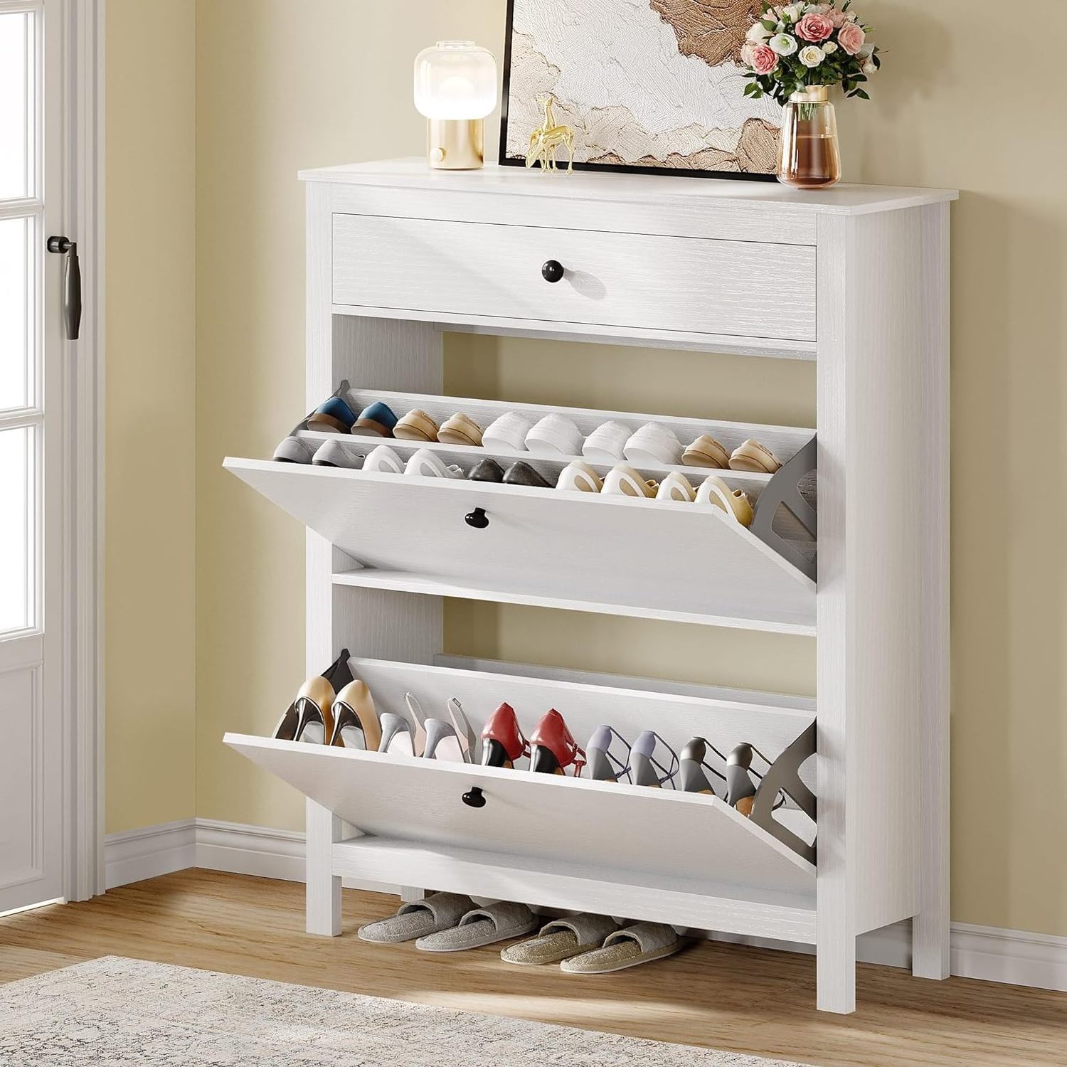 Slim Shoe Cabinet with Drawer Adjustable Large Shoe Rack Free Standing Shoe Cabinet wooden for Entryway