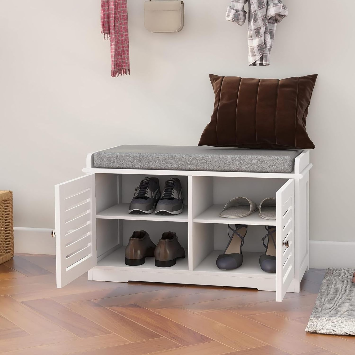 MDF White Shoe Storage Bencheswith 2 Doors Padded Seat Cushion in Grey Shoe Cabinet Shoe Entryway Bench