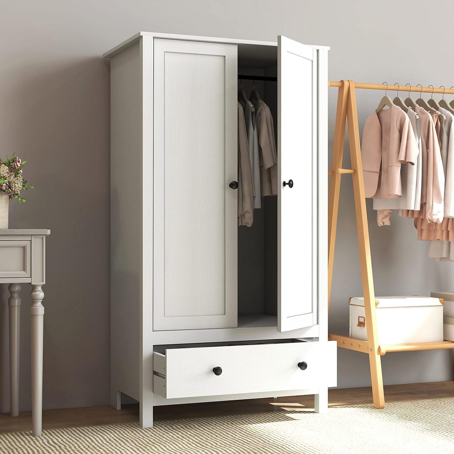 MDF solidwood plywood OSB PB 2 Door Wardrobe Armoire with Drawer for Bedroom