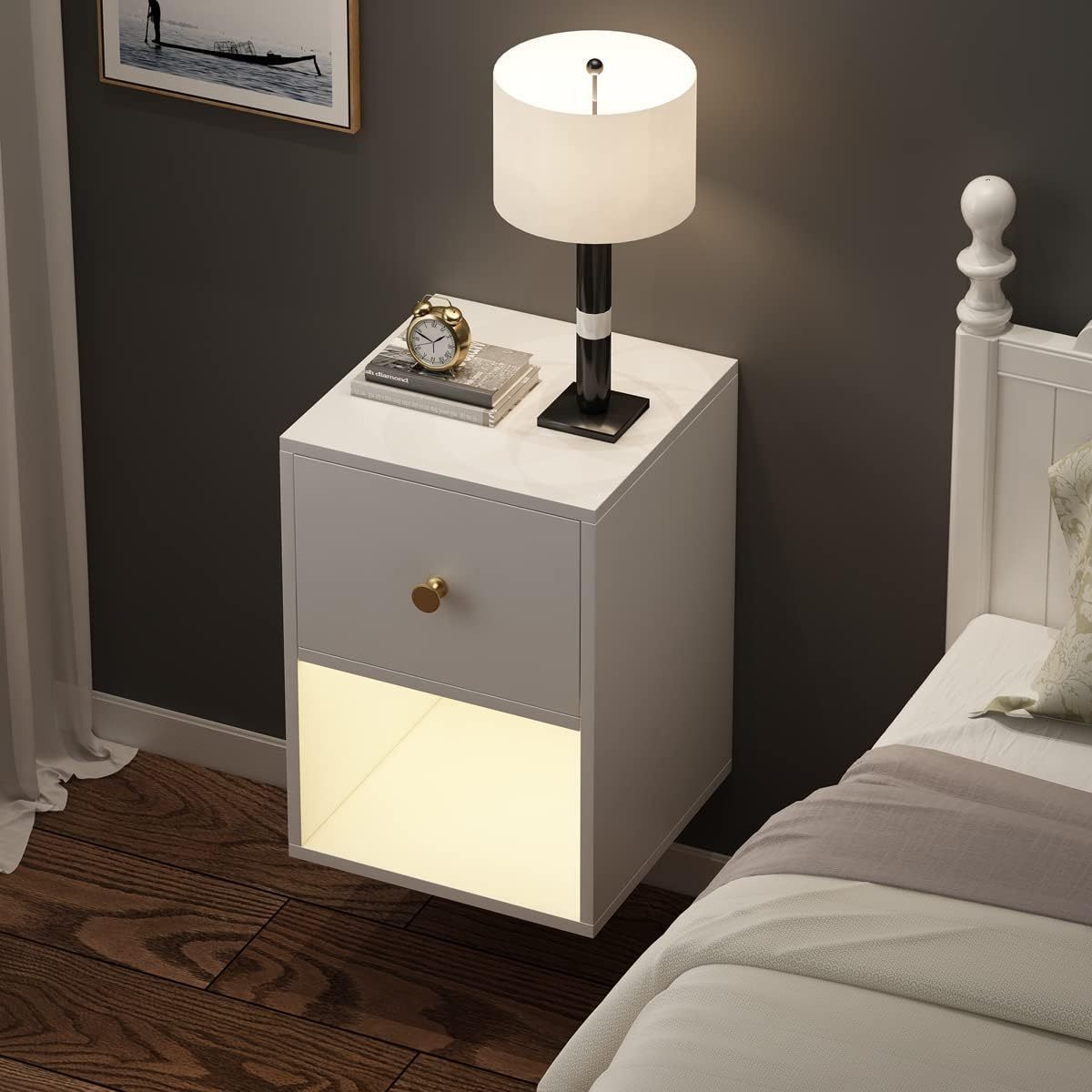 Floating Nightstand with Motion Sensor Light Wall Mounted Shelf with Drawer and Open Storage Shelf