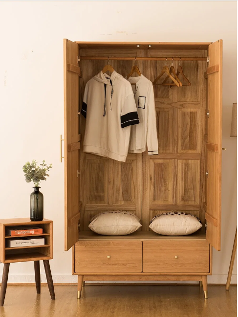 Nordic Wood Wardrobe with 2 Open Doors Drawers and Hanging Rod MDF Plywood PB board melamine lacquer