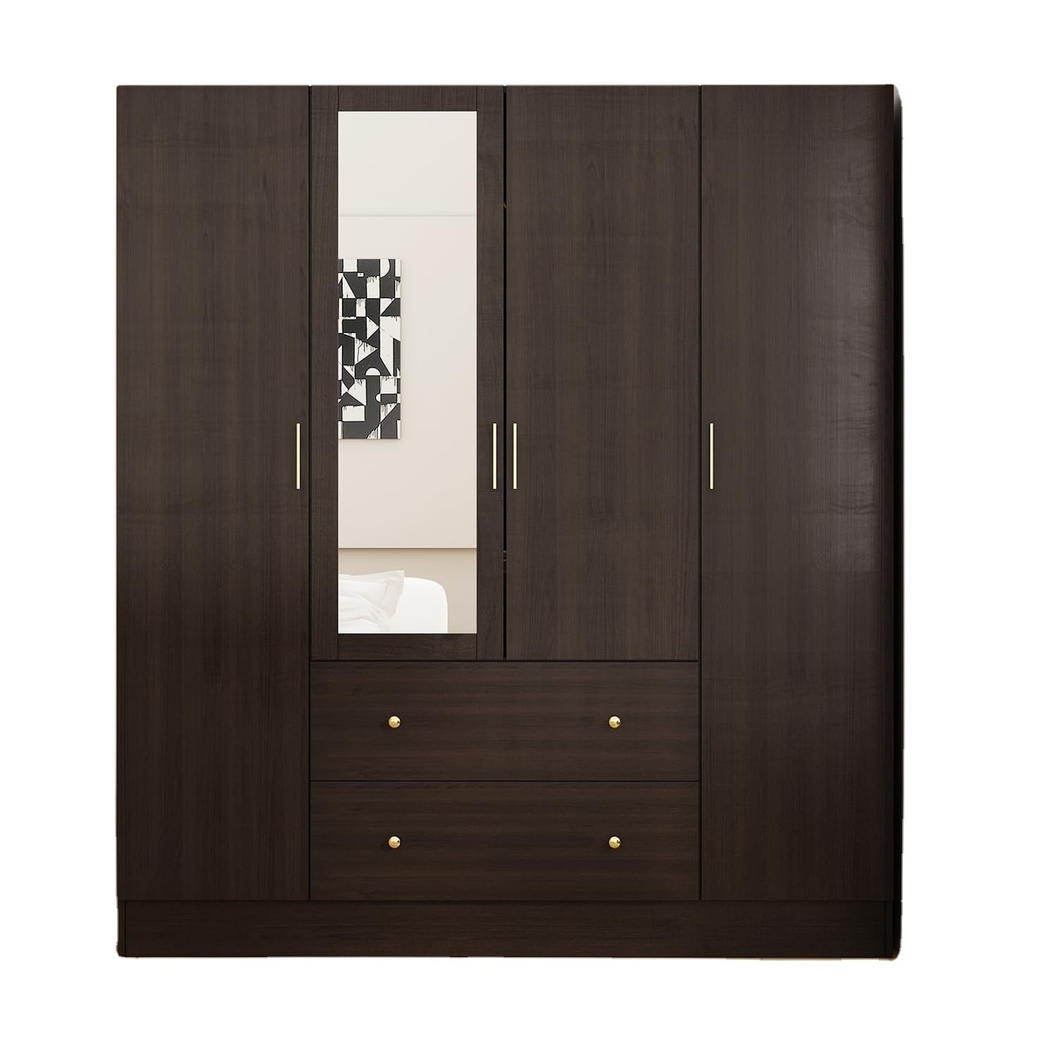 Hot Selling Wooden 4 Door Wardrobe Closet Storage Cabinet For Bedroom 2 Drawers Dark Brown Wardrobe with Mirror