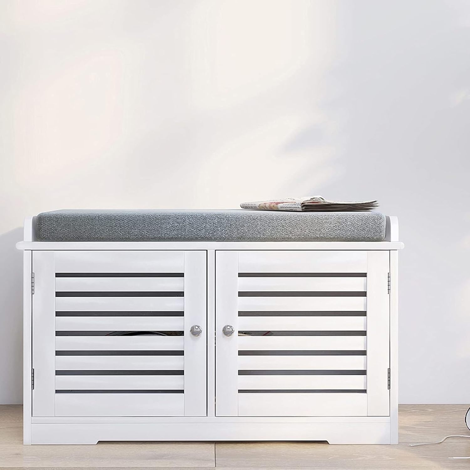 MDF White Shoe Storage Bencheswith 2 Doors Padded Seat Cushion in Grey Shoe Cabinet Shoe Entryway Bench