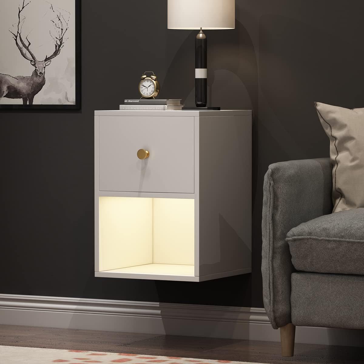 Floating Nightstand with Motion Sensor Light Wall Mounted Shelf with Drawer and Open Storage Shelf