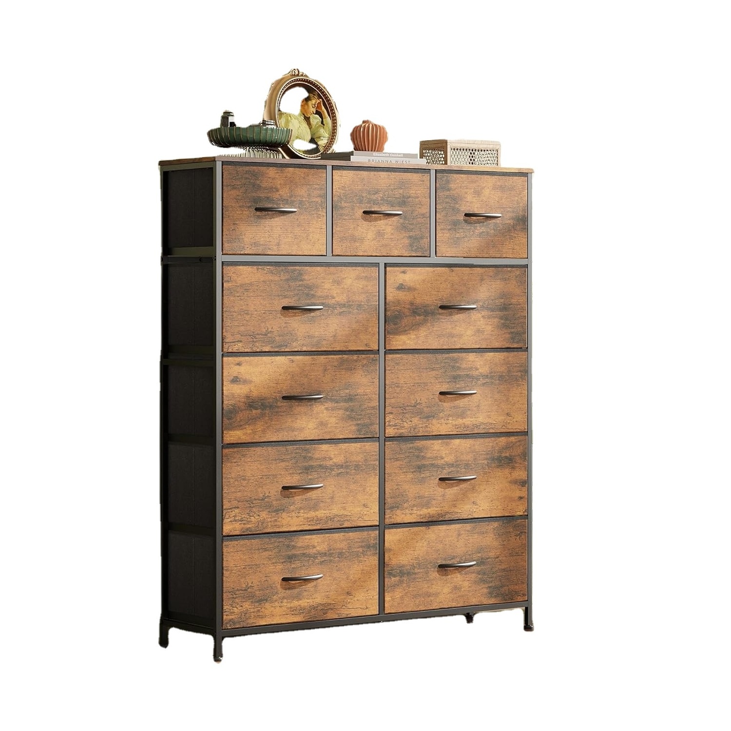 MDF Wood Fabric Dresser with 6 Drawers Chest Modern Style Wooden Drawers Storage Tower Bedroom Furniture