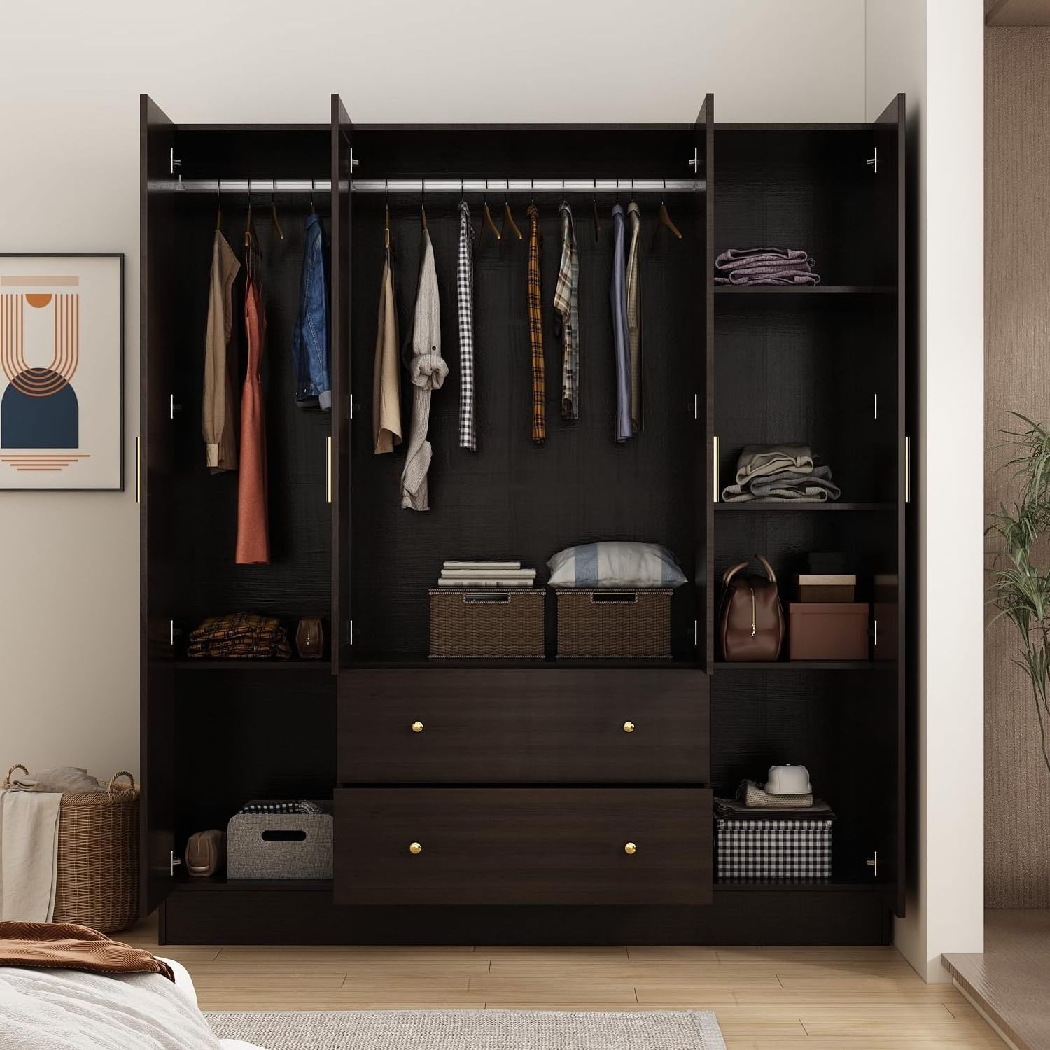 Hot Selling Wooden 4 Door Wardrobe Closet Storage Cabinet For Bedroom 2 Drawers Dark Brown Wardrobe with Mirror