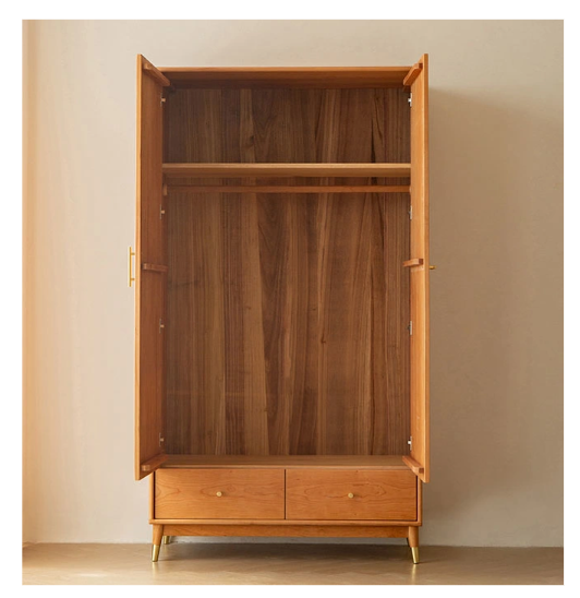 Nordic Wood Wardrobe with 2 Open Doors Drawers and Hanging Rod MDF Plywood PB board melamine lacquer