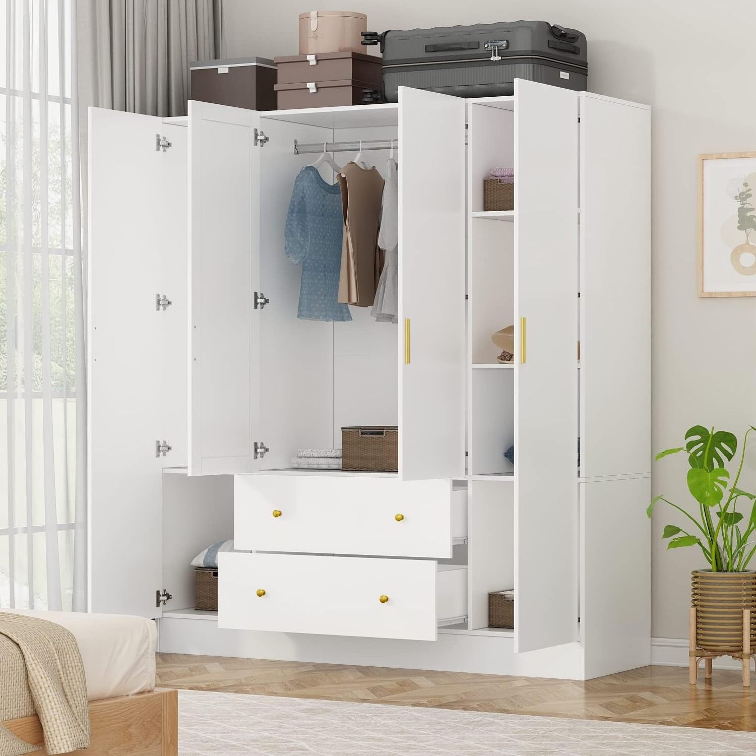 Hot Selling Wooden 4 Door Wardrobe Closet Storage Cabinet For Bedroom 2 Drawers Dark Brown Wardrobe with Mirror