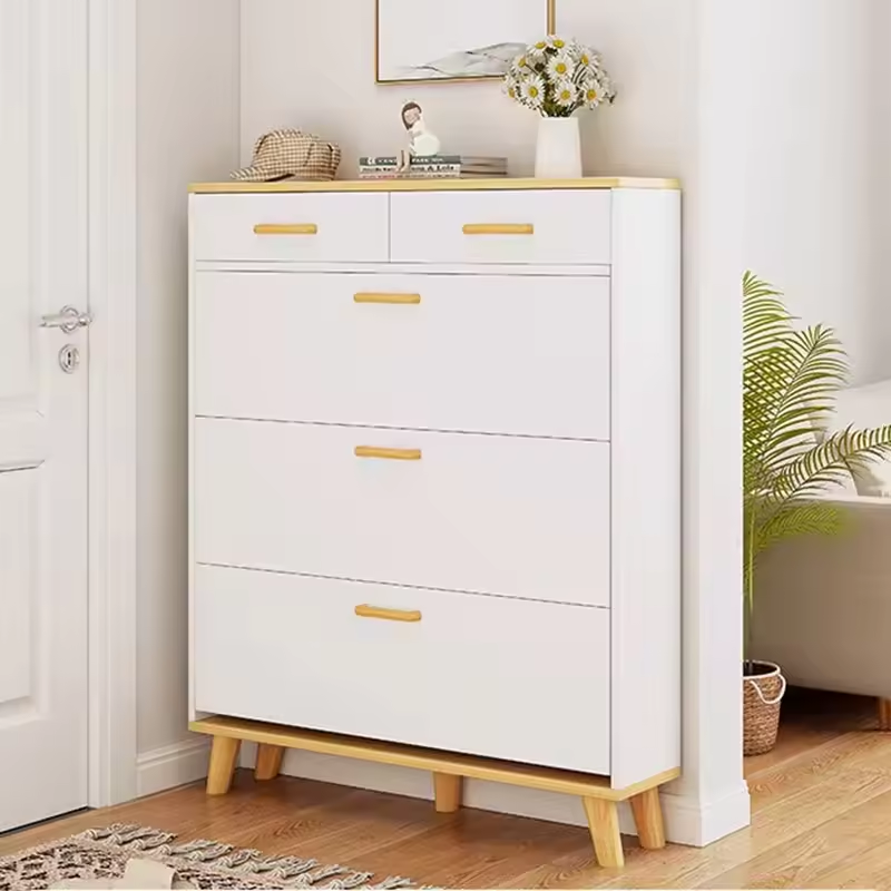 Modern Entryway 2 Drawer MDF Wooden Shoe Rack Large Capacity White Thin Shoe Storage Cabinet for Home