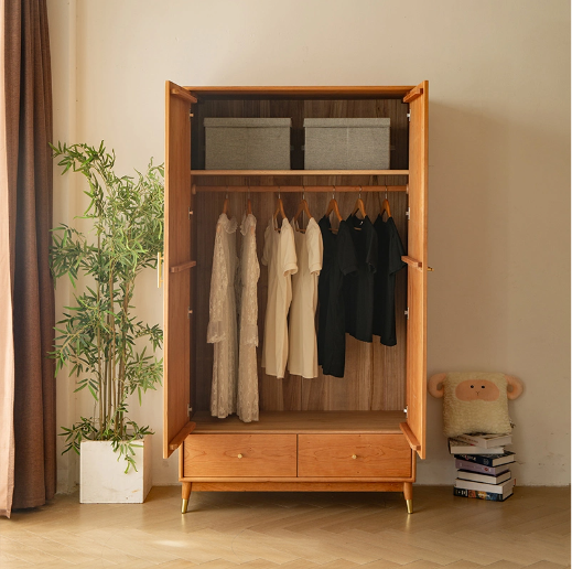 Nordic Wood Wardrobe with 2 Open Doors Drawers and Hanging Rod MDF Plywood PB board melamine lacquer