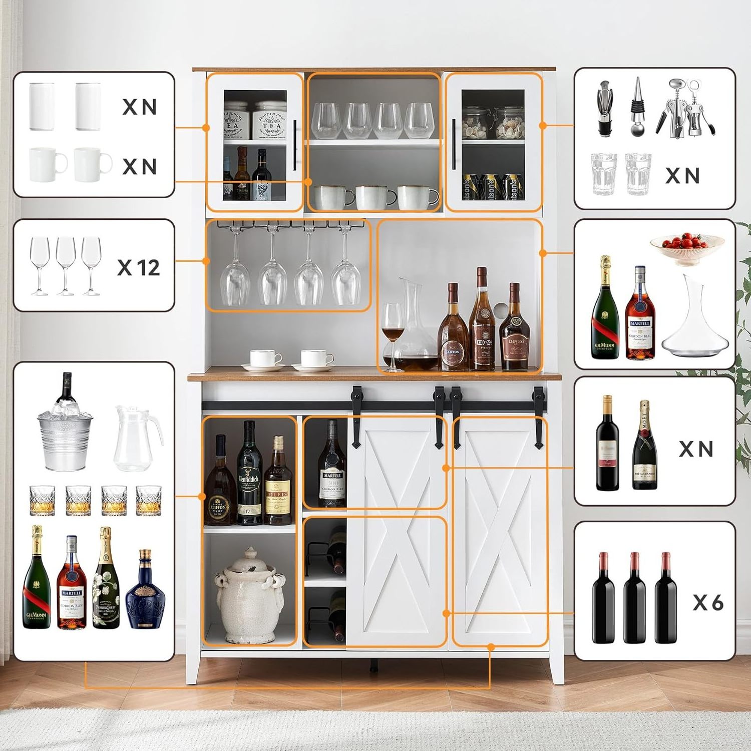 MDF Tall Buffet Cabinet with Storage Shelves Liquor Cabinet with Wine and Glasses Rack Sideboard Cupboard Kitchen Dining Room