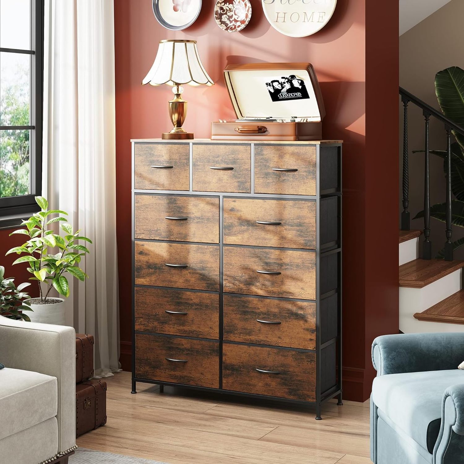 MDF Wood Fabric Dresser with 6 Drawers Chest Modern Style Wooden Drawers Storage Tower Bedroom Furniture