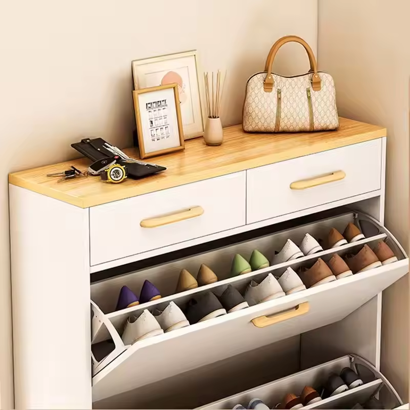 Modern Entryway 2 Drawer MDF Wooden Shoe Rack Large Capacity White Thin Shoe Storage Cabinet for Home