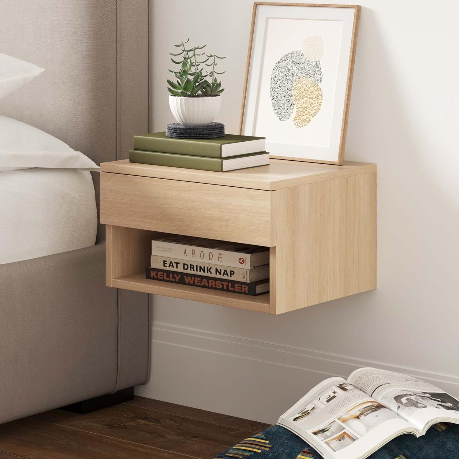 Wood White Side Table Floating Nightstand with Drawers New Design Modern Bedroom Wall Mounted Bedside Table