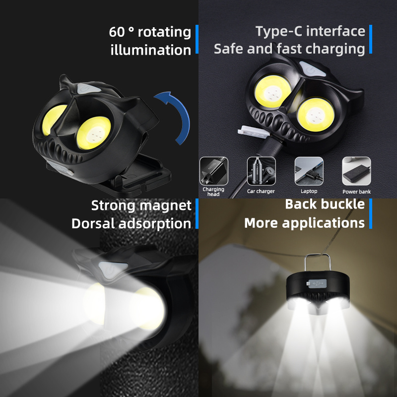 Portable rotating hunting lights 1000 lumen usb magnet flashlight type-c rechargeable 3w xpe cob led linterna headlight headlamp