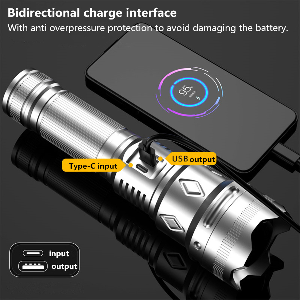 High Power 35W white lazer light Focusing Long Range Telescopic Type-C rechargeable usb Output led torch light flashlights