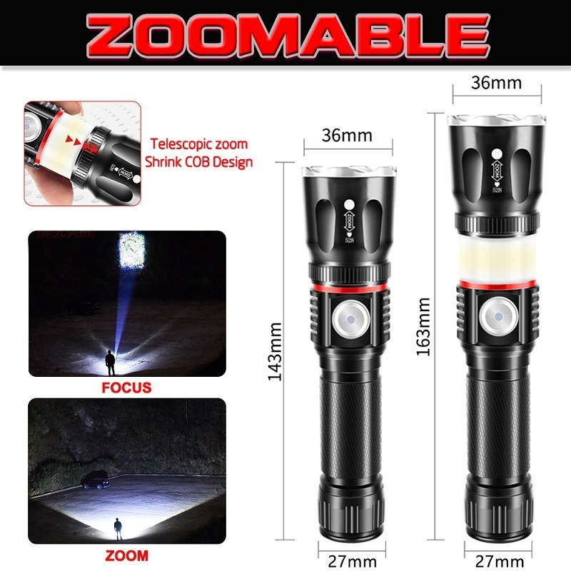 aeternam T6 L2 Zoomable Tail Magnet usb rechargeable battery tactical cob side light led zoom work torch lanterns flashlights