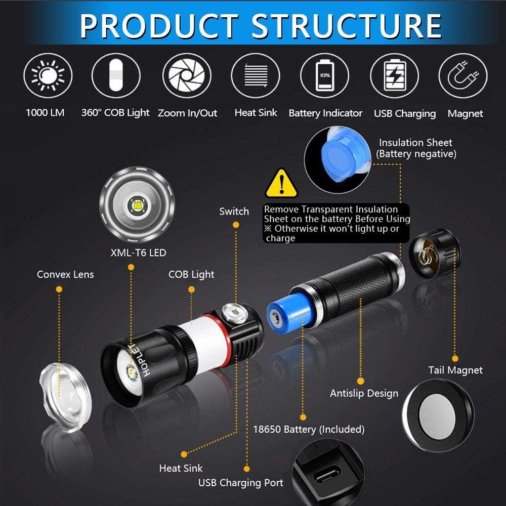 aeternam T6 L2 Zoomable Tail Magnet usb rechargeable battery tactical cob side light led zoom work torch lanterns flashlights