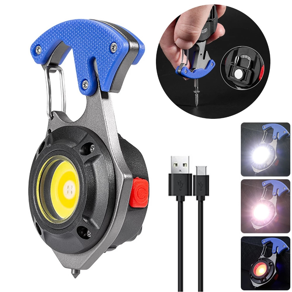 Mini usb c rechargeable keychain light hook magnet screwdriver hammer Whistle emergency cob led working light Torches flashlight