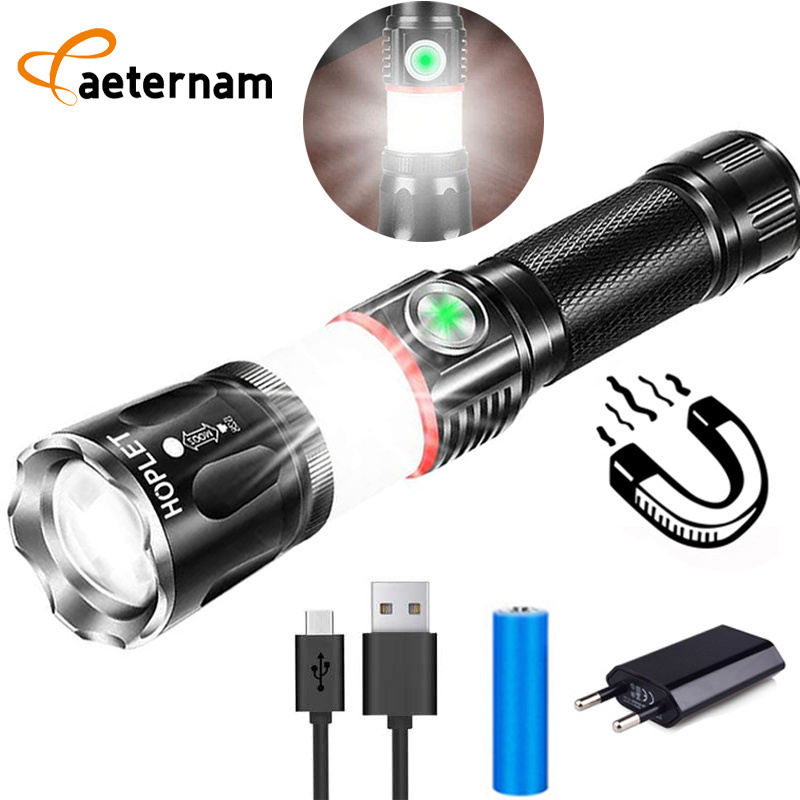 aeternam T6 L2 Zoomable Tail Magnet usb rechargeable battery tactical cob side light led zoom work torch lanterns flashlights