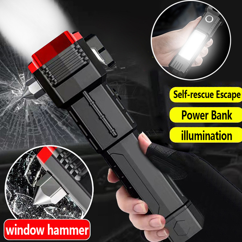 Outdoor Adventure Lighting Portable  with Safety Hammer  COB Rechargeable USB 18650 Battery Emergency LED Torch Flashlights