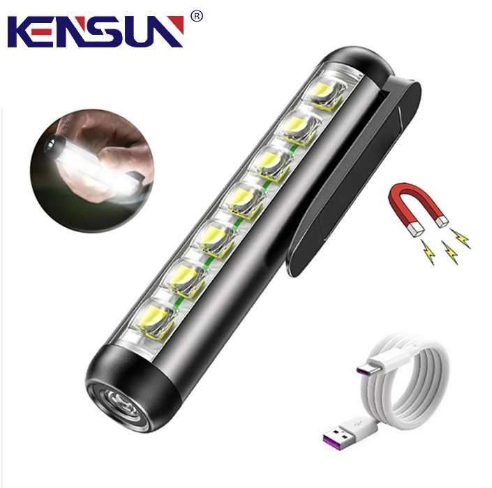 Kensun mini Suitable pen clip magnet cob side light waterproof rechargeable usb led tactical torch lantern outdoor flashlight