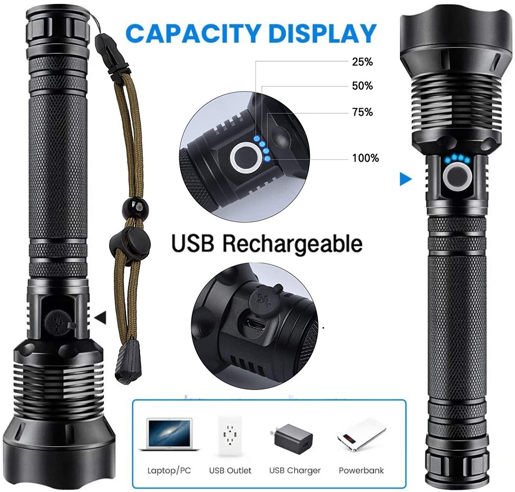 Free Sample High Lumens Super Bright Power Display Waterproof Zoomable Usb Rechargeable Torch Light Led Flashlights & Torches