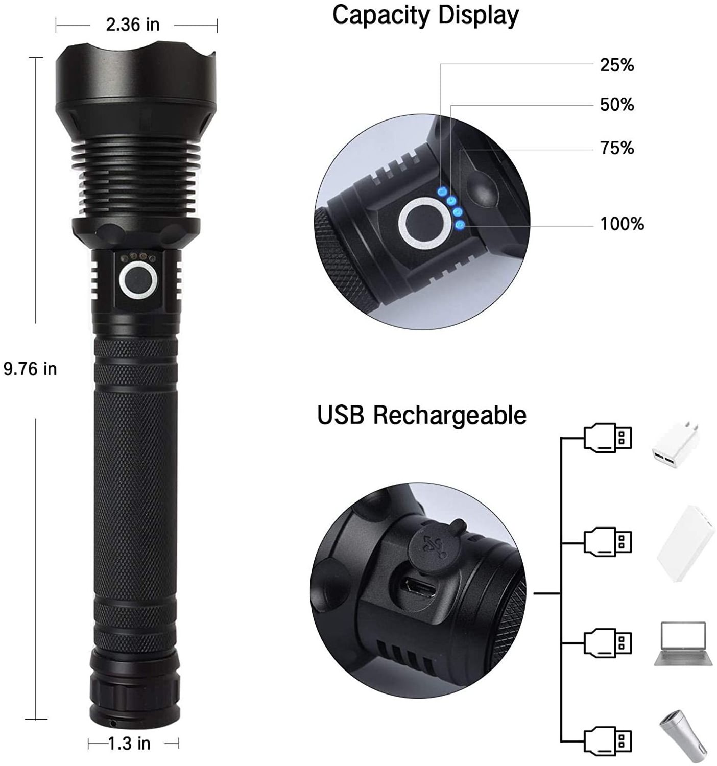 Free Sample High Lumens Super Bright Power Display Waterproof Zoomable Usb Rechargeable Torch Light Led Flashlights & Torches