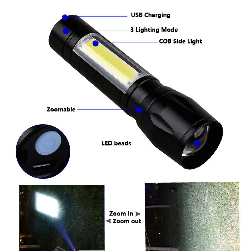 2000 Lumen Powerful 3Modes Mini zoomable  LED Keychain Emergency COB+XPE Rechargeable USB Battery LED tactical Torch Flashlights