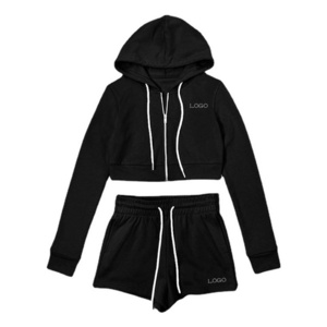 Custom color womens fleece shorts Midriff-baring tops women's hoodies & sweatshirts two piece set tracksuit