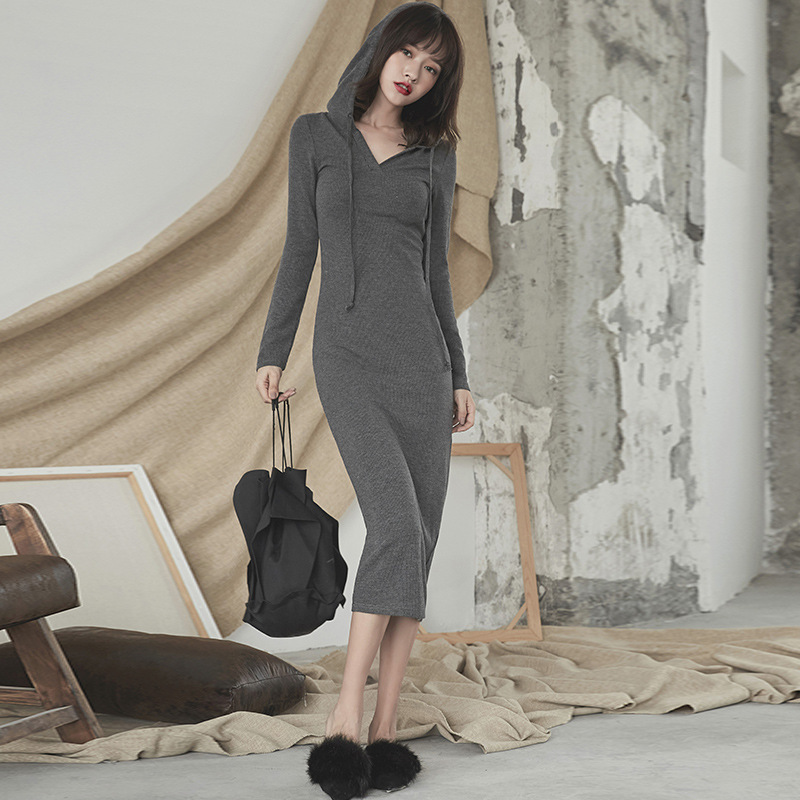 Hot sale ladies hooded sweater dress wholesale women's slim fit dress long sleeve hoodie high elasticity casual slip dress