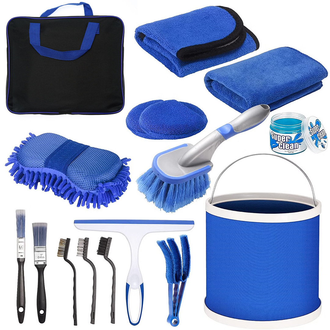 16 Piece Exterior Interior Car Wash Cleaning Tool Kit Folding Bucket Towels Tire Brush Combination Car Cleaning Kit