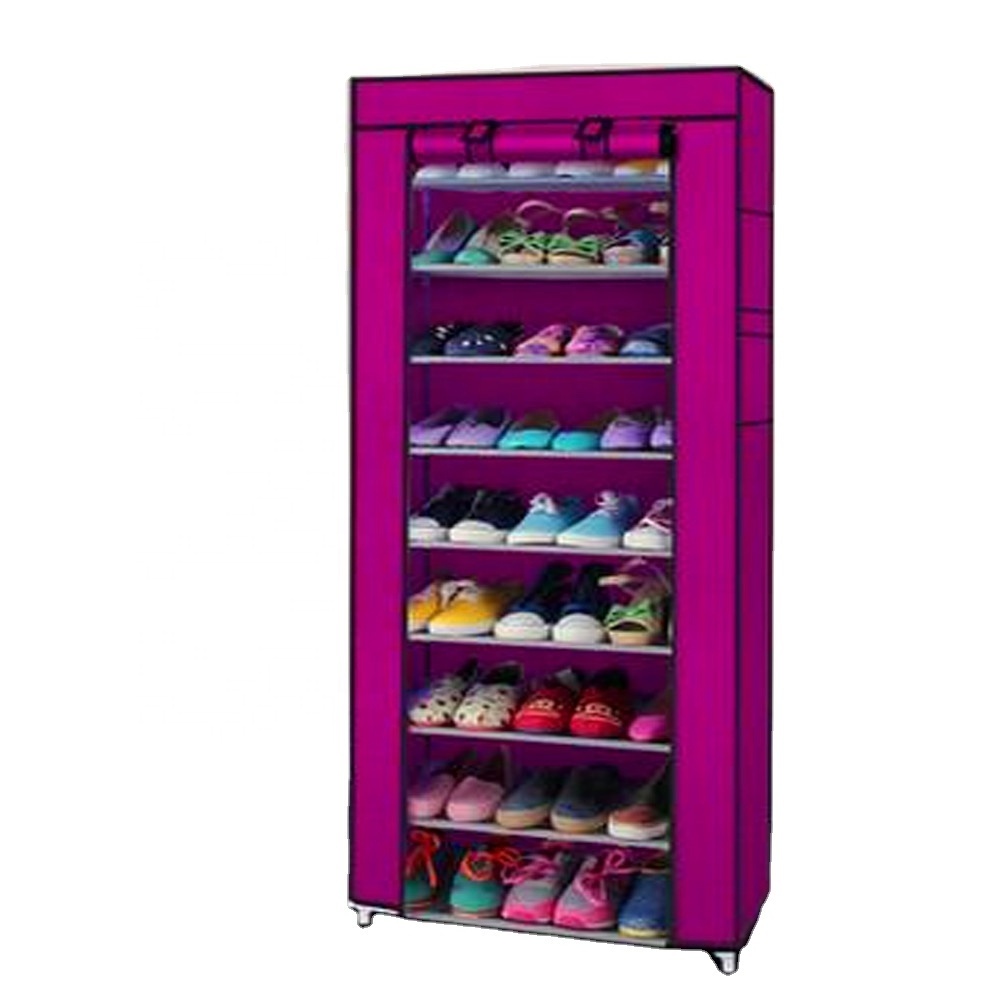 Custom modern shoe rack rental housing purple  iron frame collapsible foldable shoe rack 50 pair  cloth