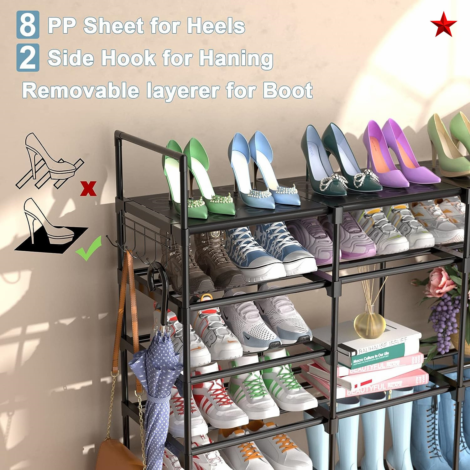 9-tier Shoe Tower Rack With Fabric Covers 24-pair Space Saving Shoe Storage Organizer