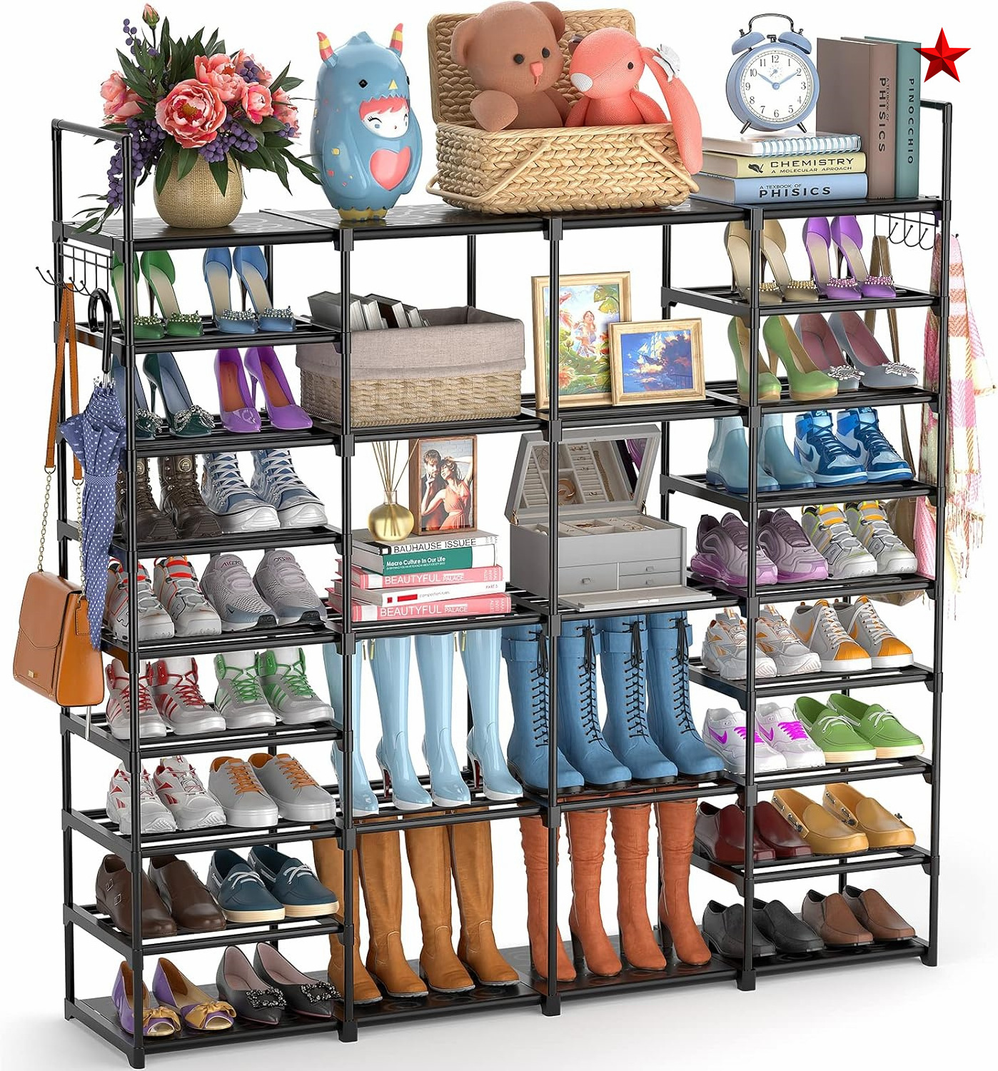 9-tier Shoe Tower Rack With Fabric Covers 24-pair Space Saving Shoe Storage Organizer