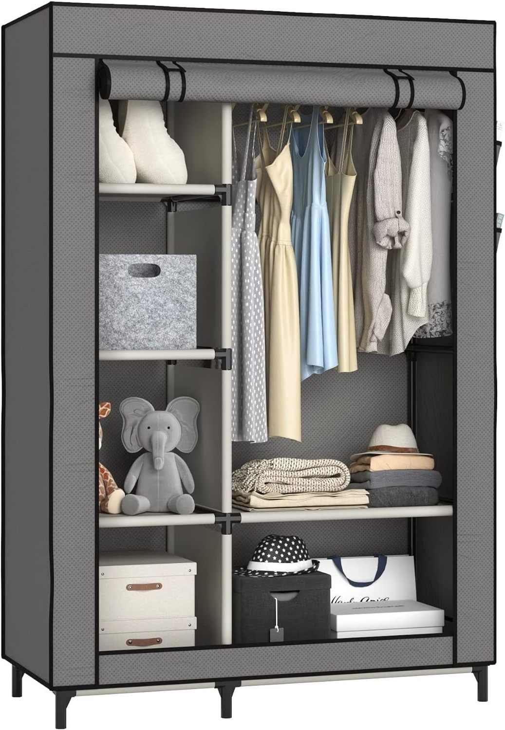 Wardrobe Portable Closet Wardrobe Clothes Storage with 6 Shelves and Hanging Rail,Non-Woven Fabric, Quick and Easy Assembly,Grey