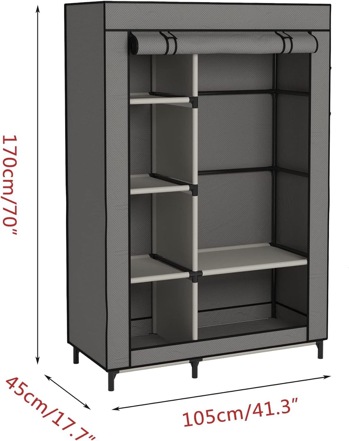 Wardrobe Portable Closet Wardrobe Clothes Storage with 6 Shelves and Hanging Rail,Non-Woven Fabric, Quick and Easy Assembly,Grey