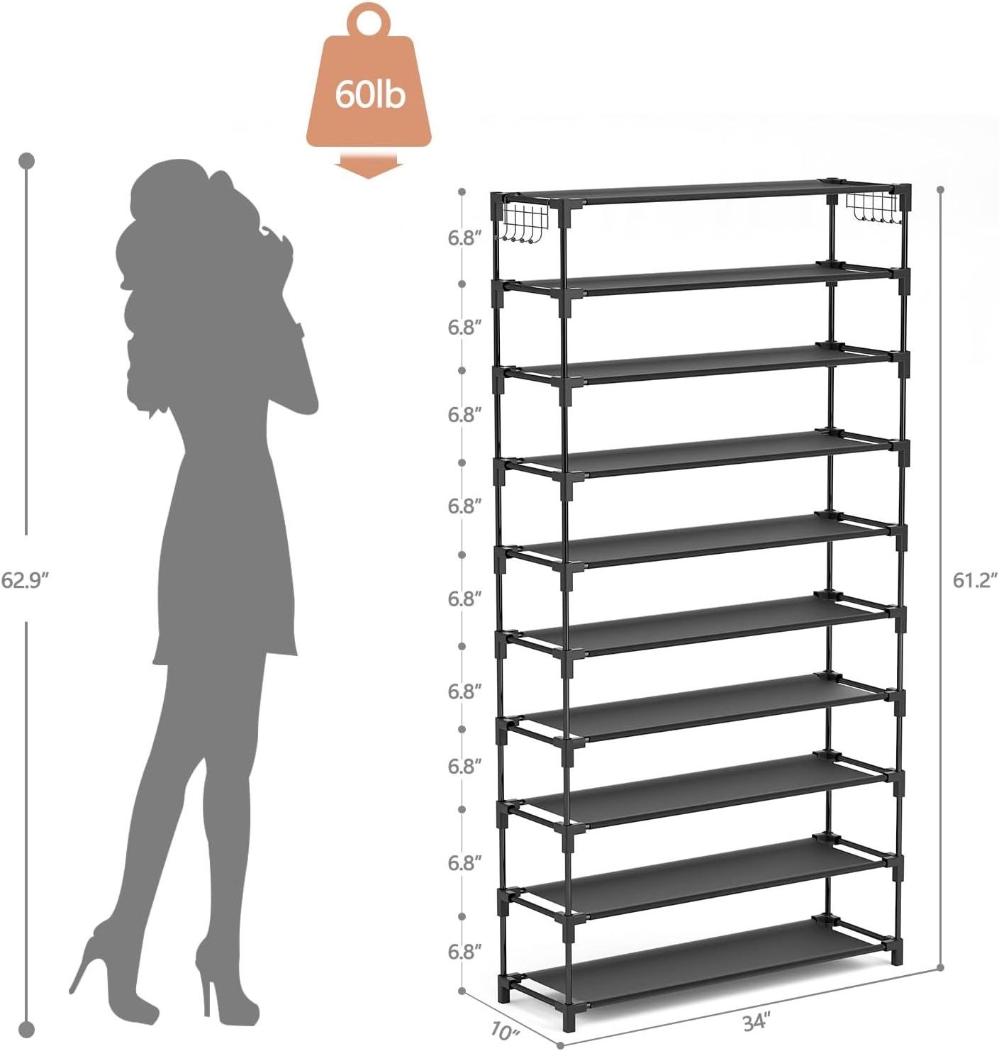 10 Tiers Shoe Rack 49 Pairs Large Capacity  Sturdy Shoe Storage with Two Hooks Space Saving Metal Wide Shoe