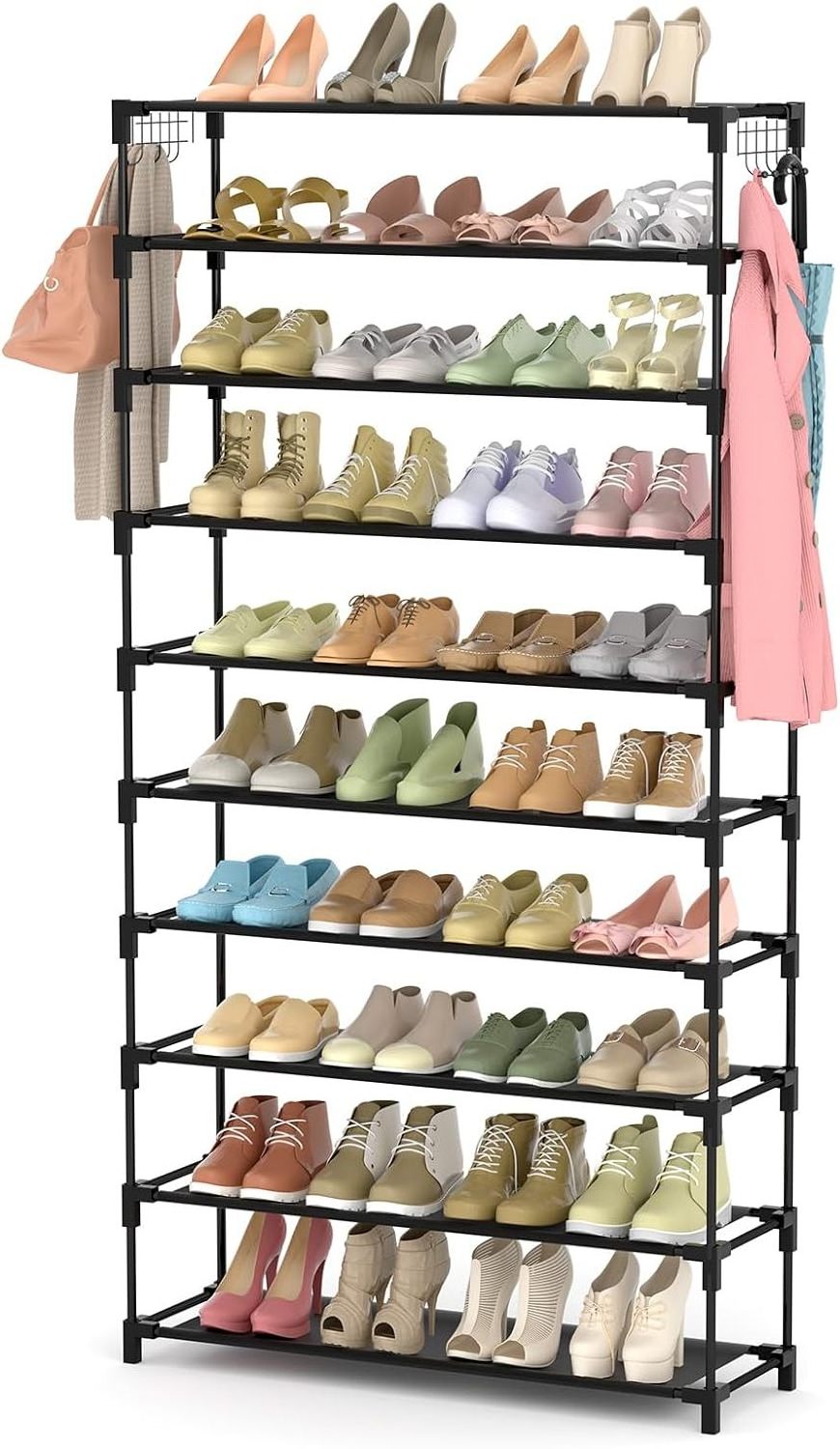 10 Tiers Shoe Rack 49 Pairs Large Capacity  Sturdy Shoe Storage with Two Hooks Space Saving Metal Wide Shoe