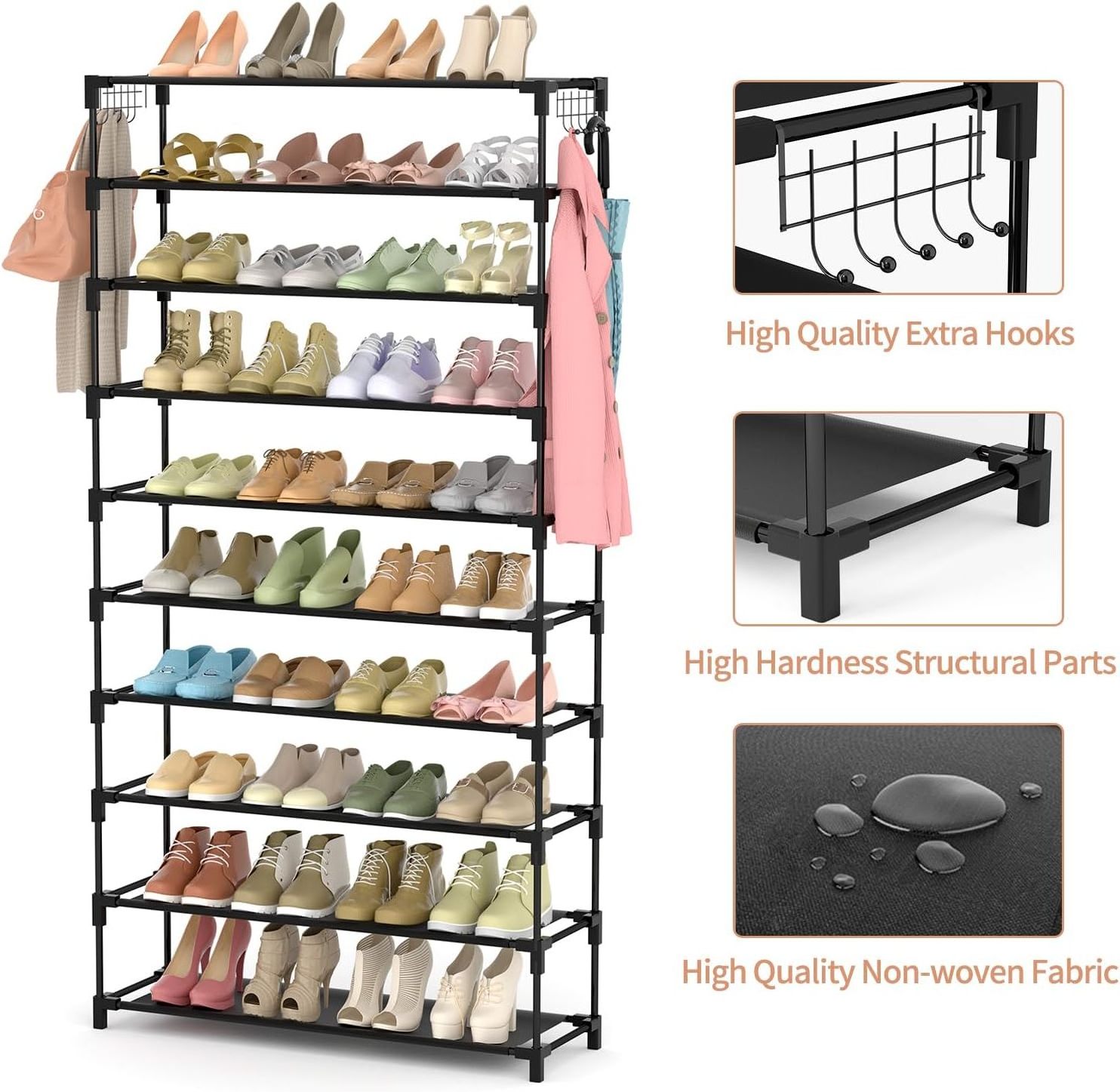 10 Tiers Shoe Rack 49 Pairs Large Capacity  Sturdy Shoe Storage with Two Hooks Space Saving Metal Wide Shoe