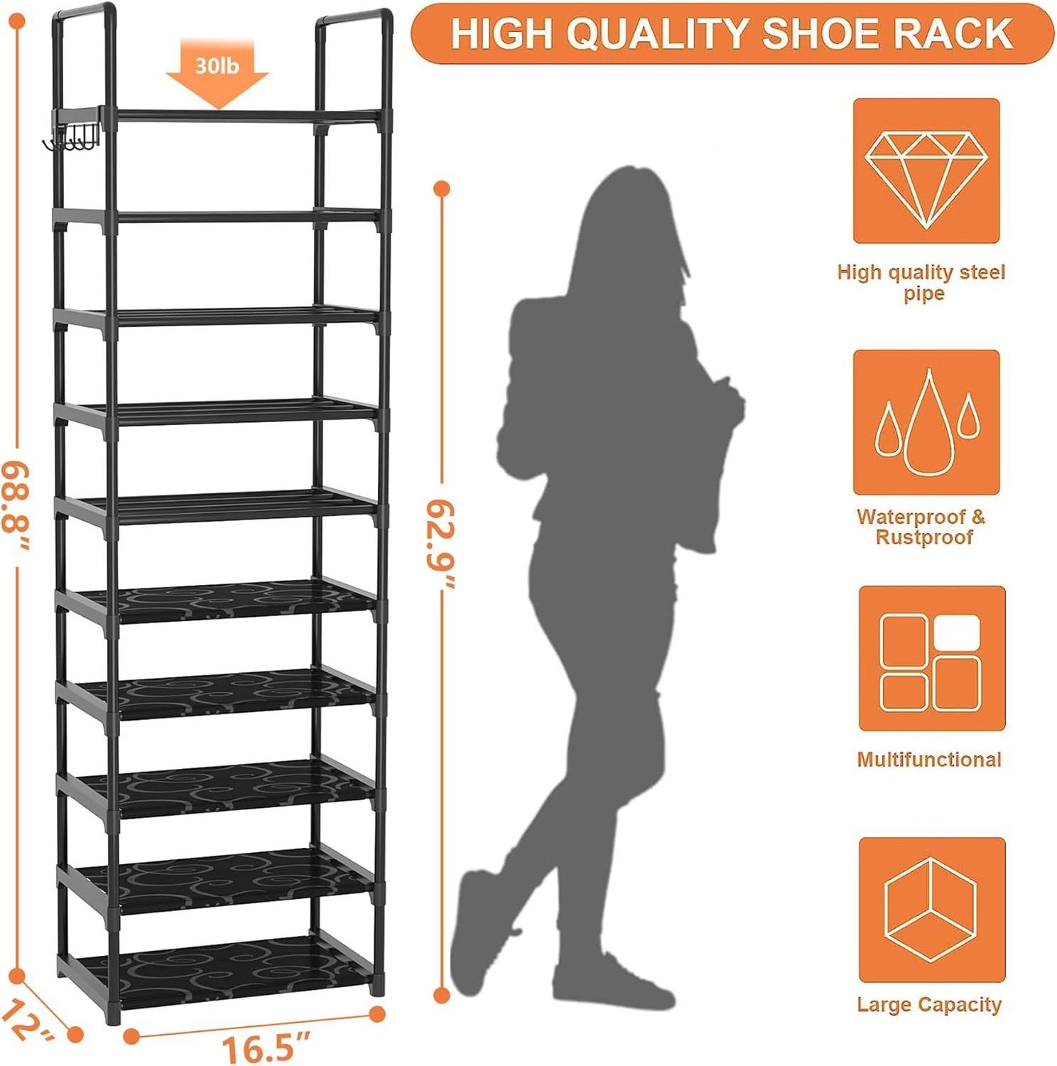 Shoe Rack 10 Tiers Tall Shoe Racks for Closet Entryway 20 25 Pairs Shoe Organizer Storage Shelf Durable Black Metal Stackable Sh