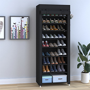 9 Tier Shoe Rack with Dustproof Cover Shoe Shelf Storage Organizer Black