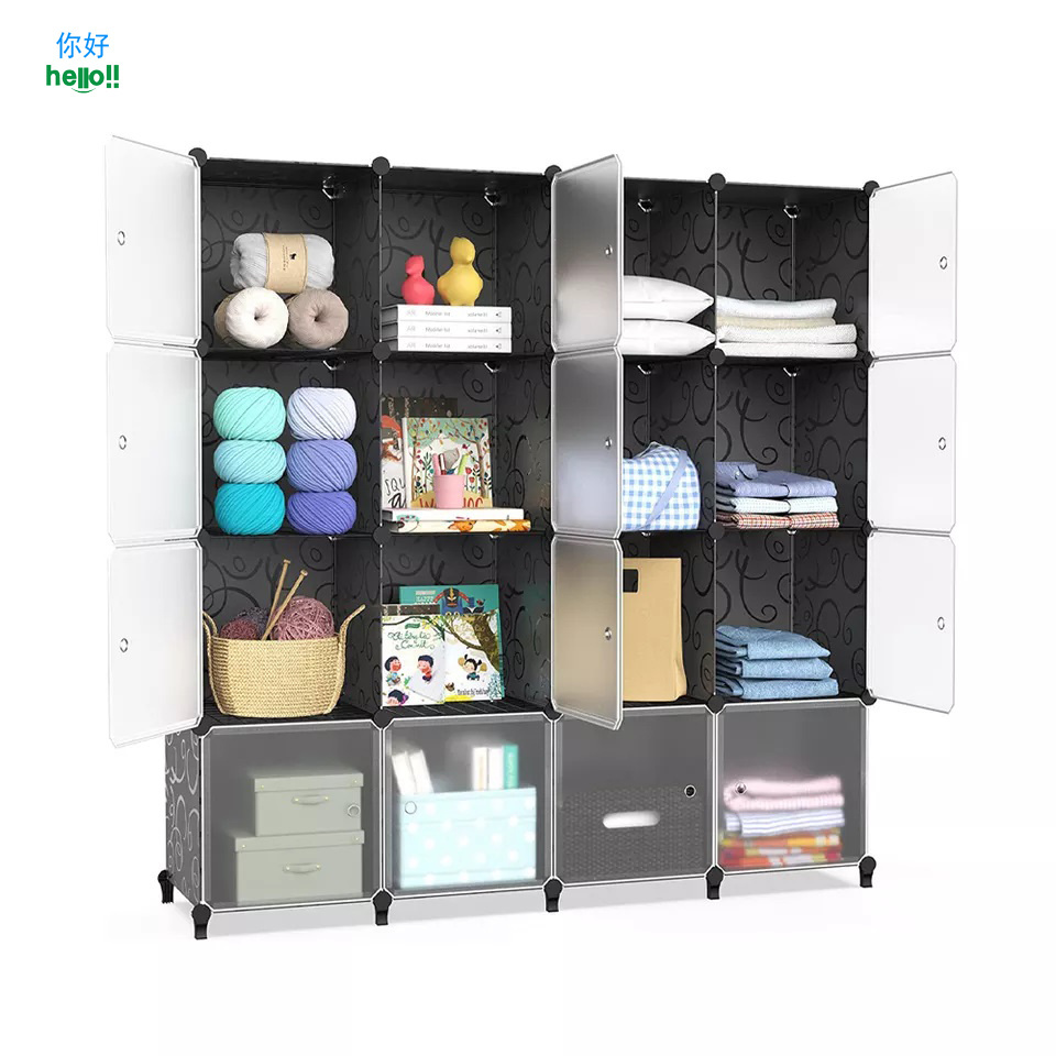 Hot Selling 12-cube Diy Storage Organizer Black With White Clear Door Closet Storage Cabinet Portable Plastic Cube Wardrobe