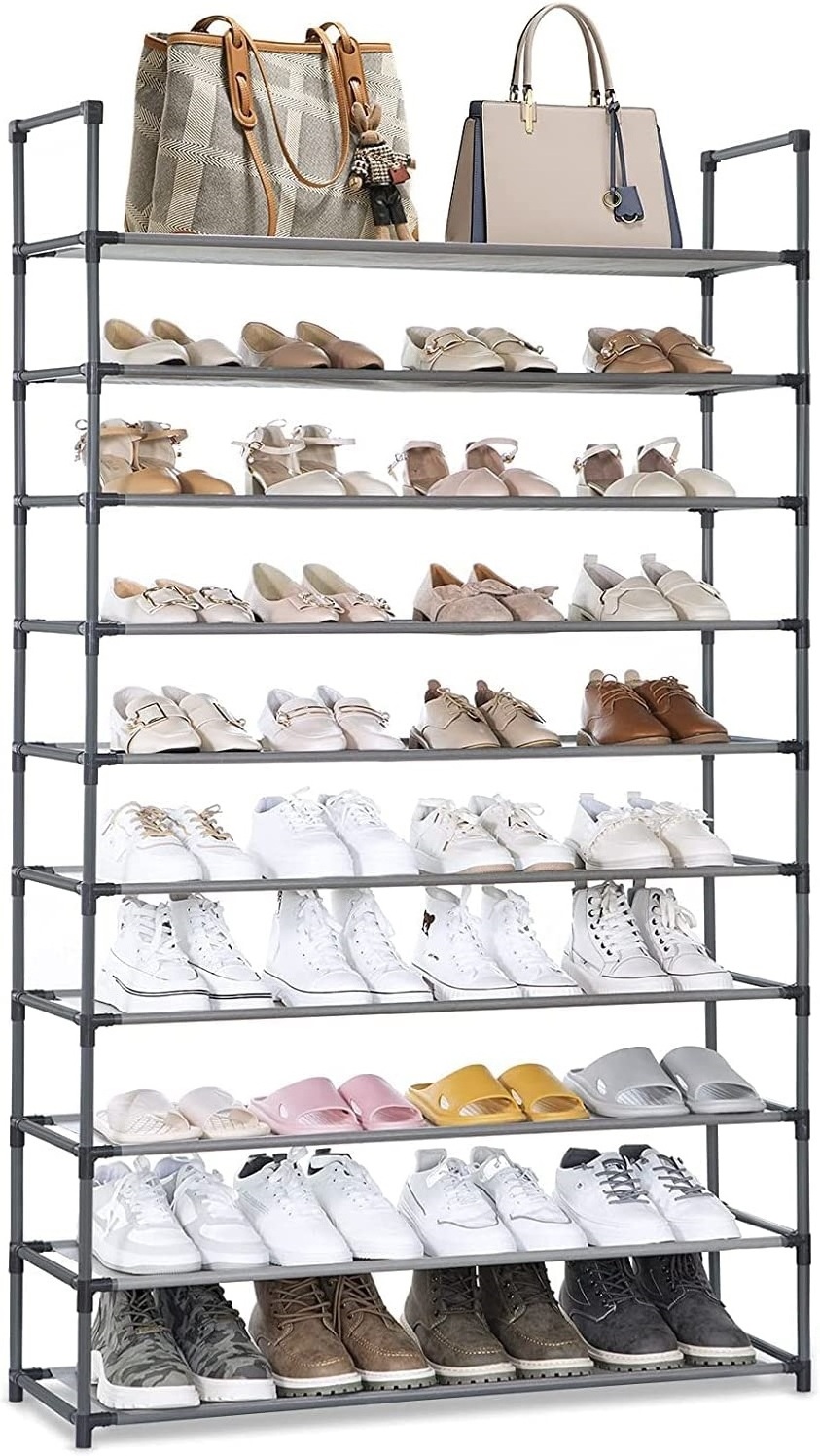 Household Black Shoe Rack Stand Entryway Metal Shoe Rack Organizer With Side Storage Pockets