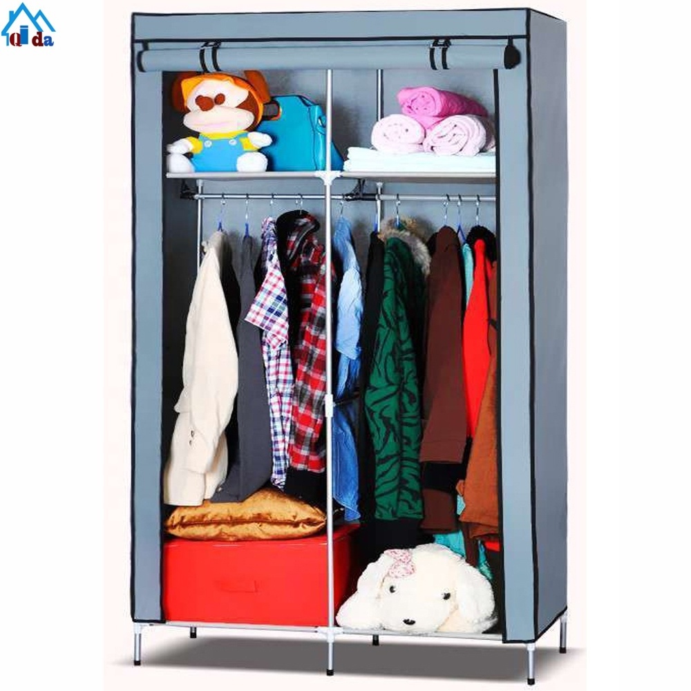 Chinese DIY 3 door stainless steel cube closet simple frame zipper folding wardrobe cabinet