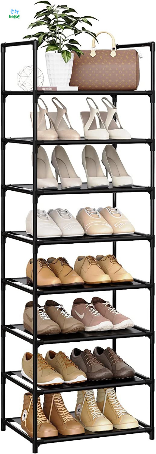 Household Black Shoe Rack Stand Entryway Metal Shoe Rack Organizer With Side Storage Pockets