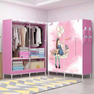 Chinese DIY 3 door stainless steel cube closet simple frame zipper folding wardrobe cabinet